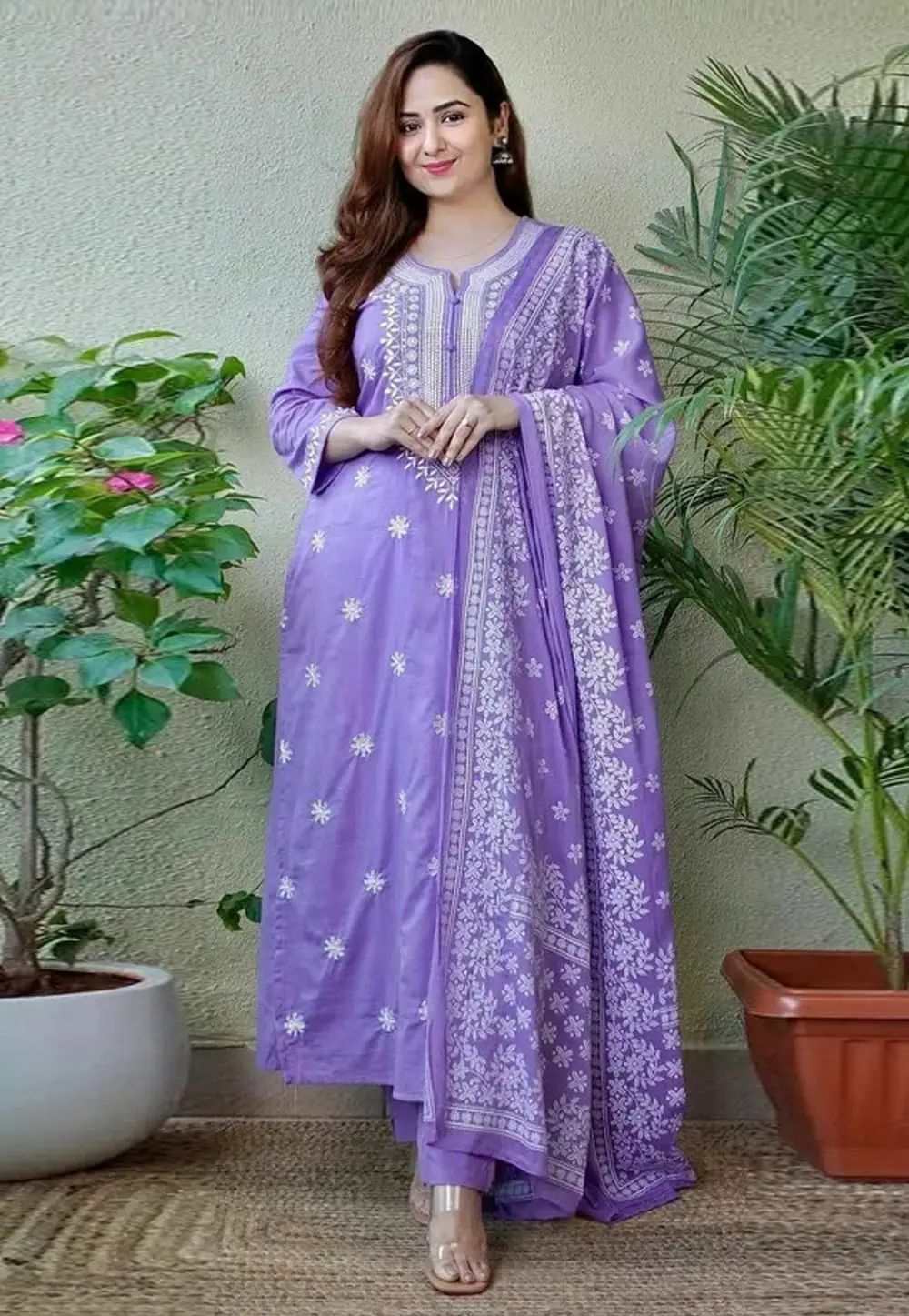 Lavender Cotton Readymade Pant Style Suit 295366