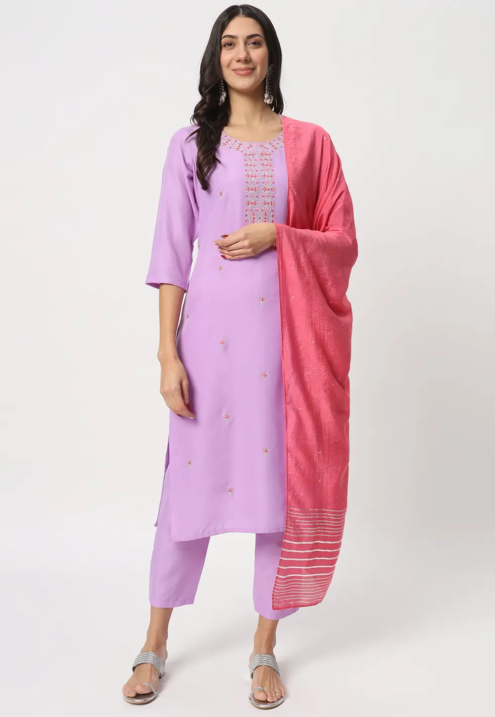 Lavender Cotton Readymade Pant Style Suit 299728