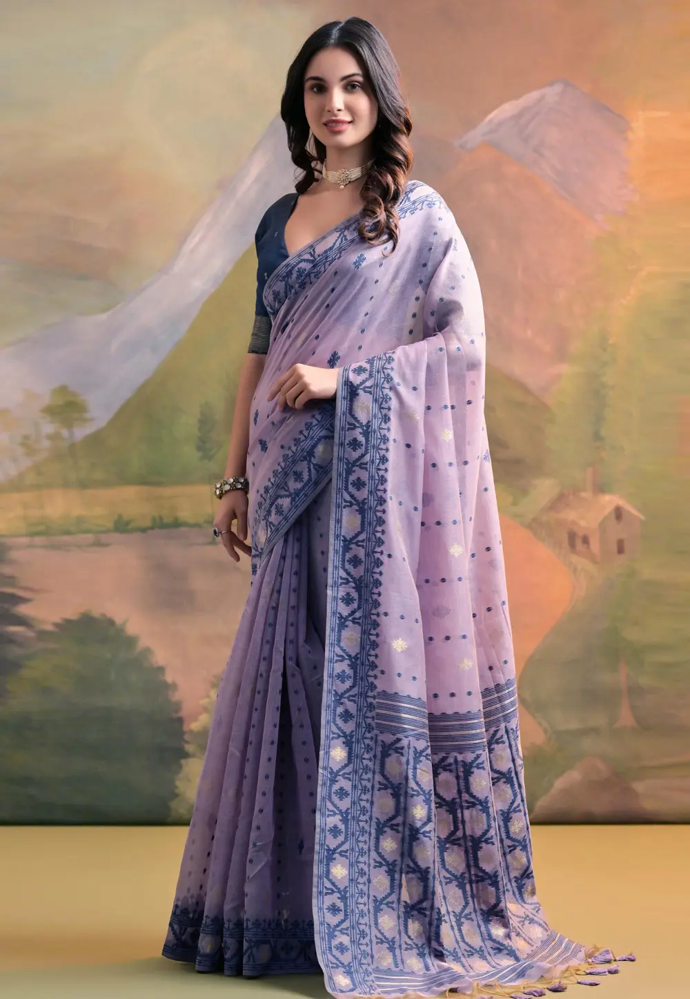 Lavender Cotton Saree With Blouse 299253