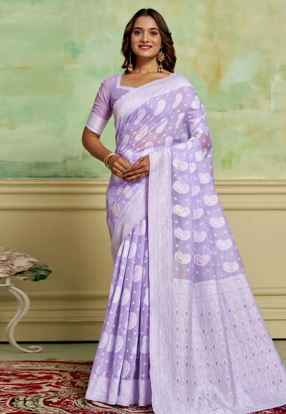 Lavender Cotton Saree With Blouse 301231