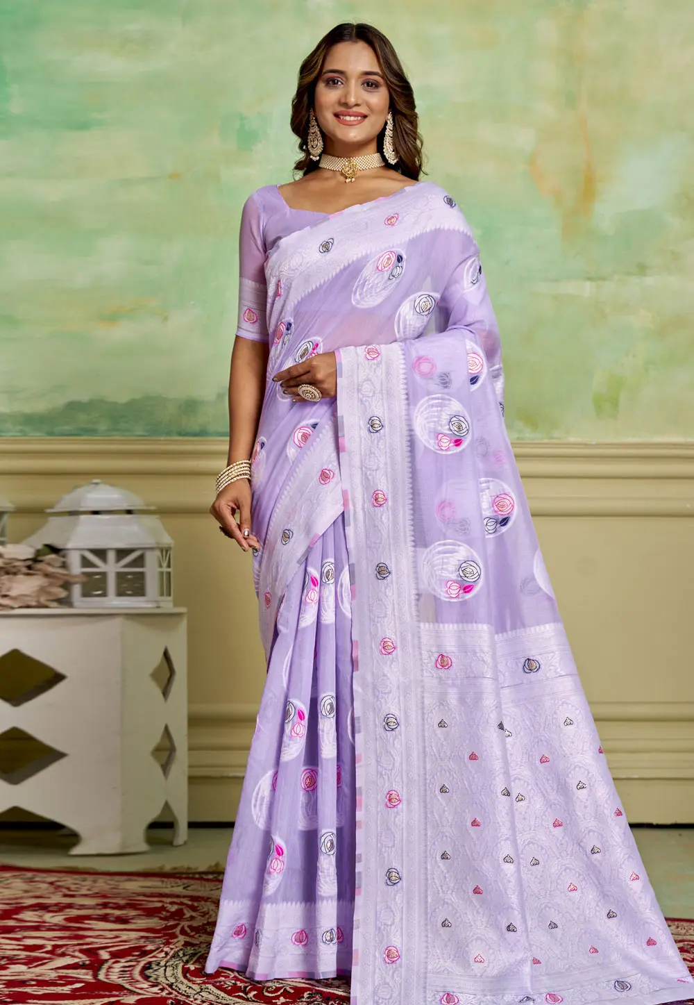 Lavender Cotton Saree With Blouse 300568