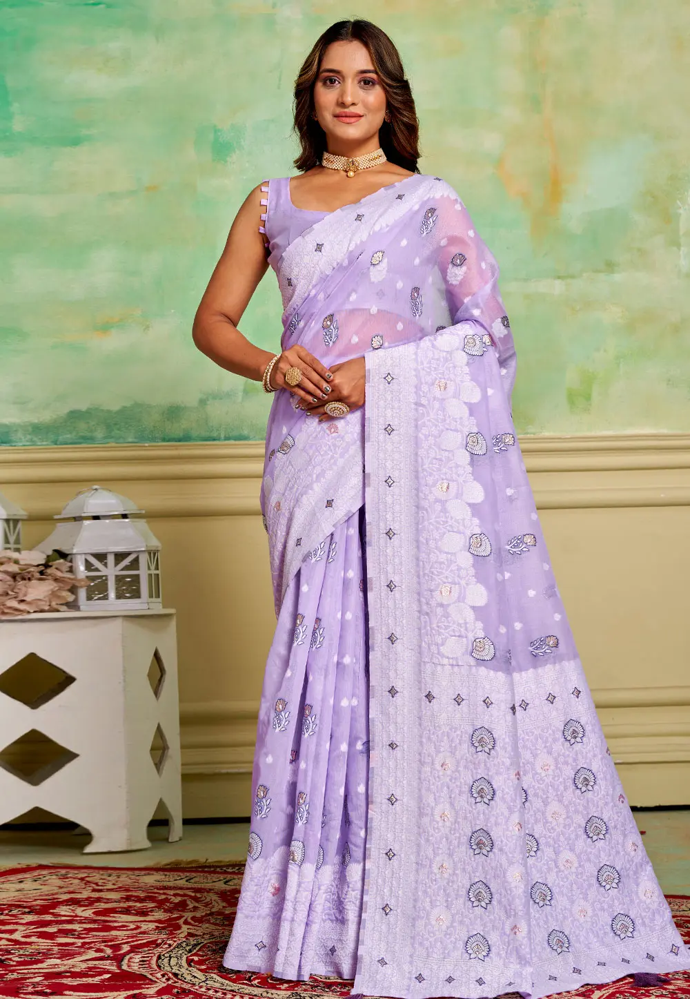 Lavender Cotton Saree With Blouse 300576