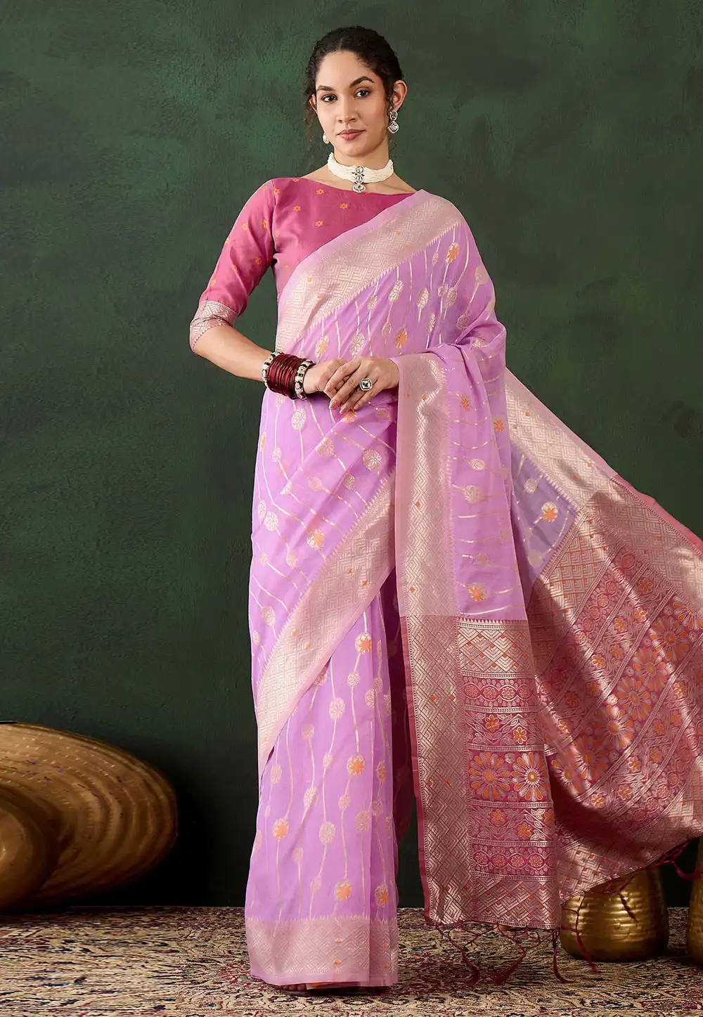 Lavender Cotton Saree With Blouse 294347