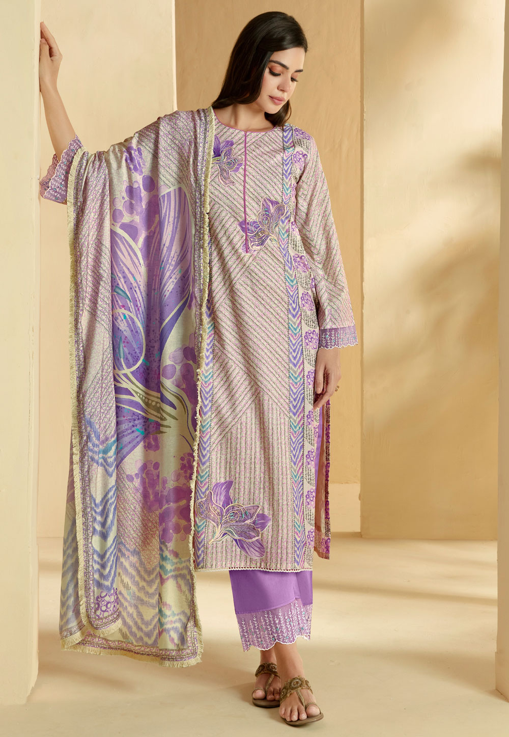 Lavender Cotton Straight Suit 310919