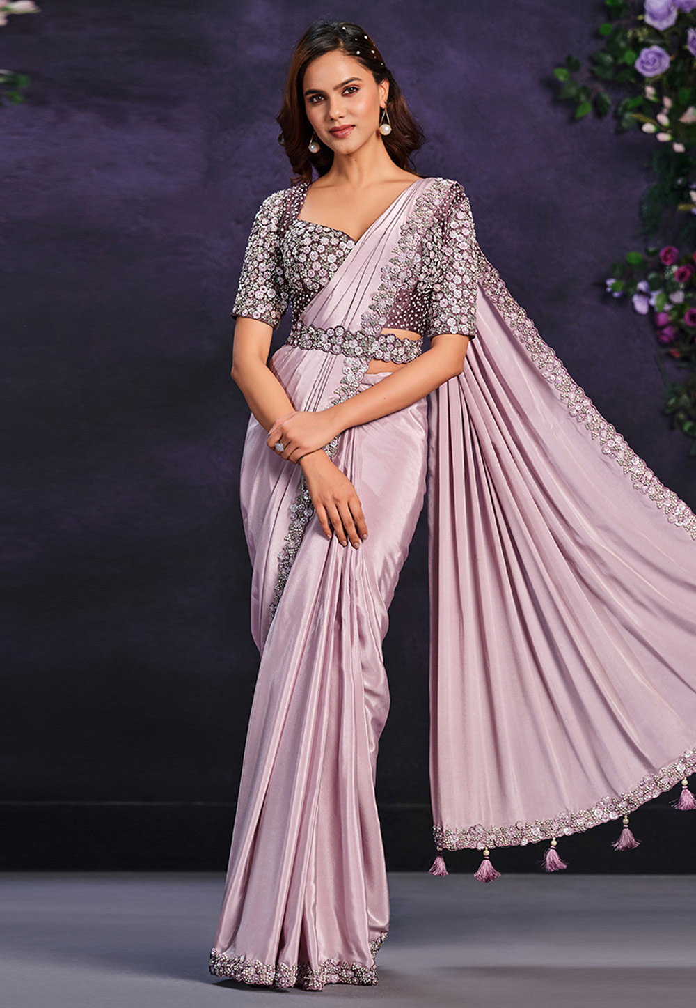 Lavender Crepe Georgette Saree With Blouse 286621