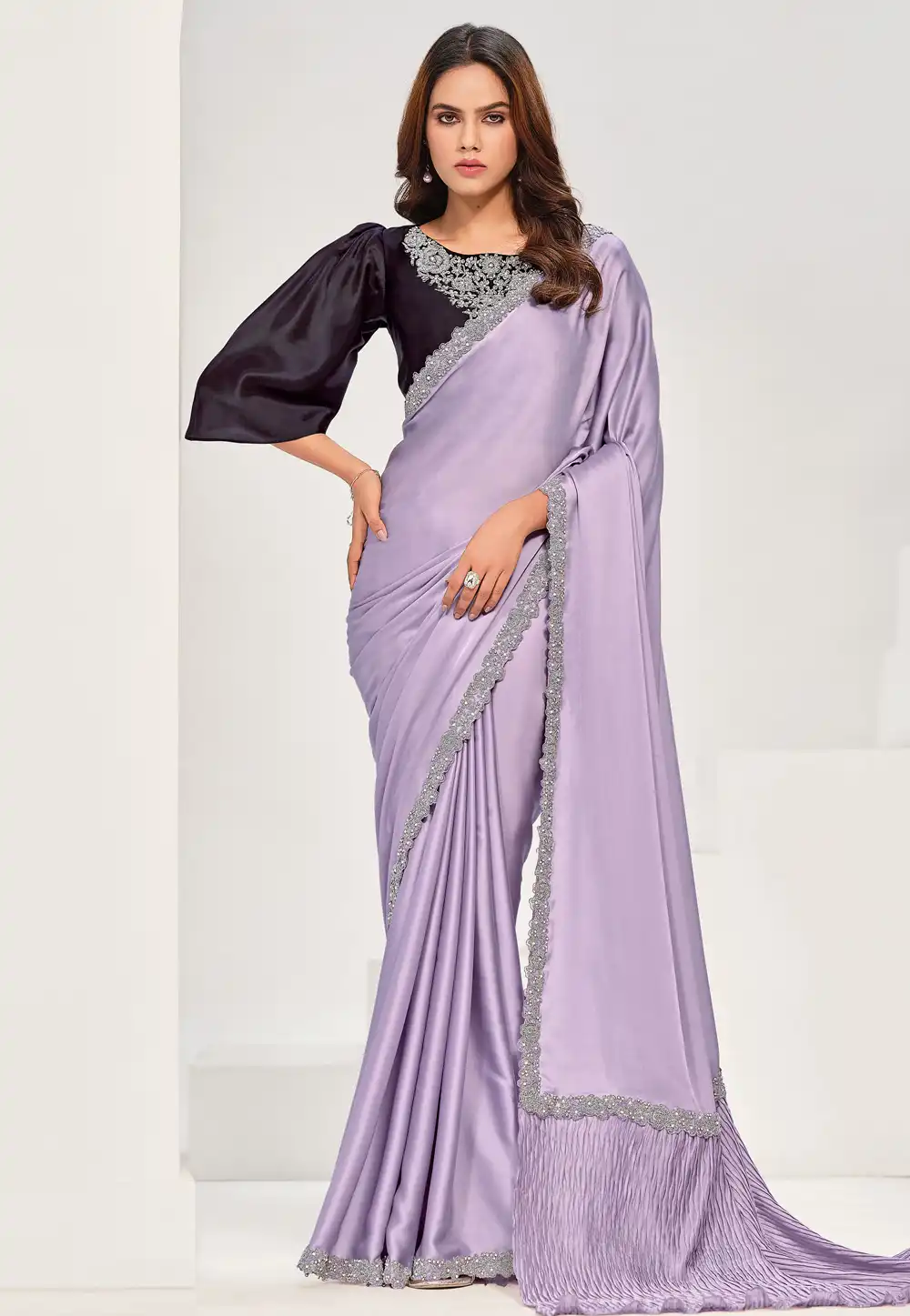 Lavender Crepe Plain Saree With Designer Blouse 293078