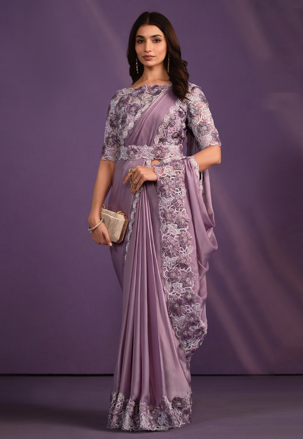 Lavender Crepe Saree With Blouse 310849
