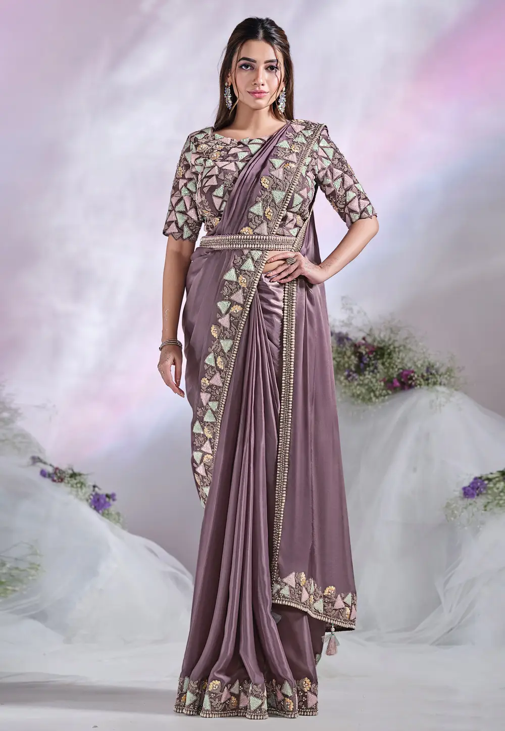 Lavender Crepe Saree With Blouse 295891