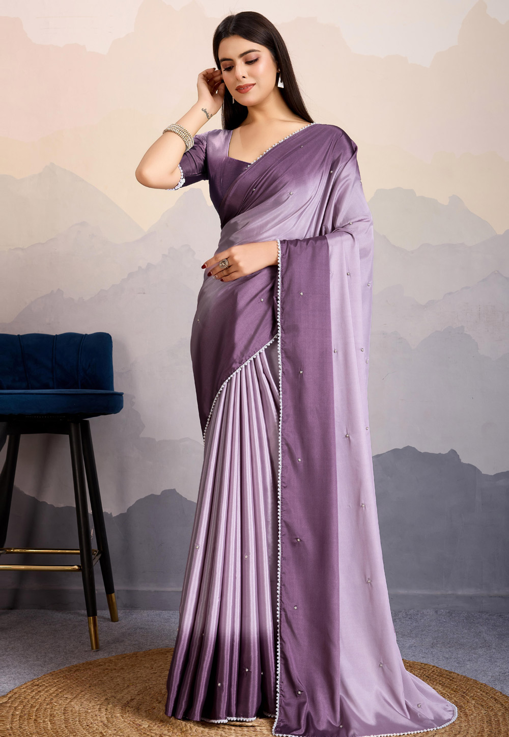 Lavender Crepe Satin Saree With Blouse 305894