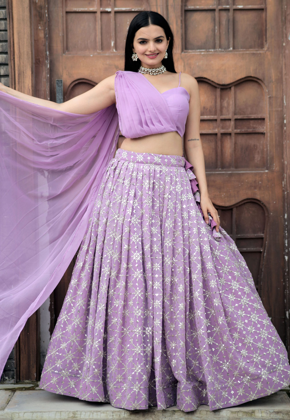 Lavender Faux Georgette Designer Lehenga 286545