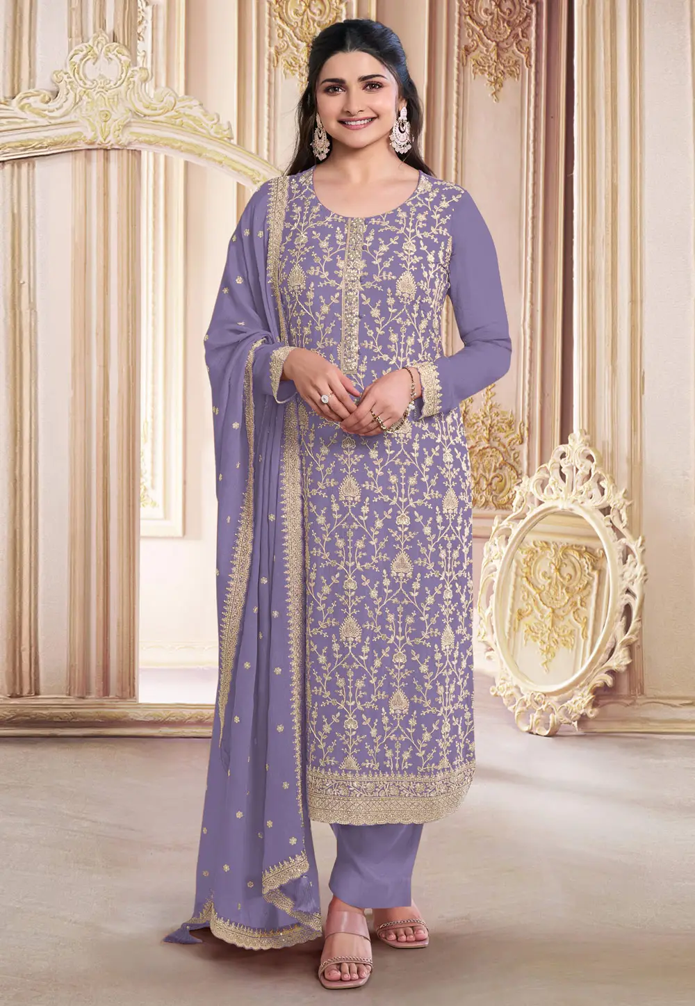 Lavender Faux Georgette Embroidered Pakistani Suit 297083