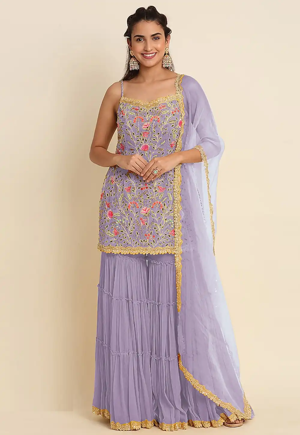 Lavender Faux Georgette Gharara Suit 291912