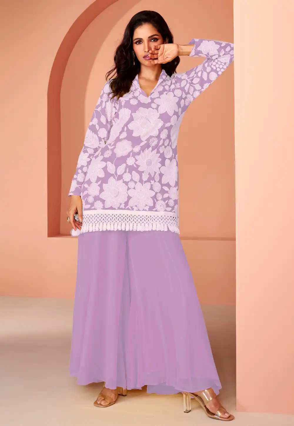 Lavender Faux Georgette Kurta Set With Palazzo 288290