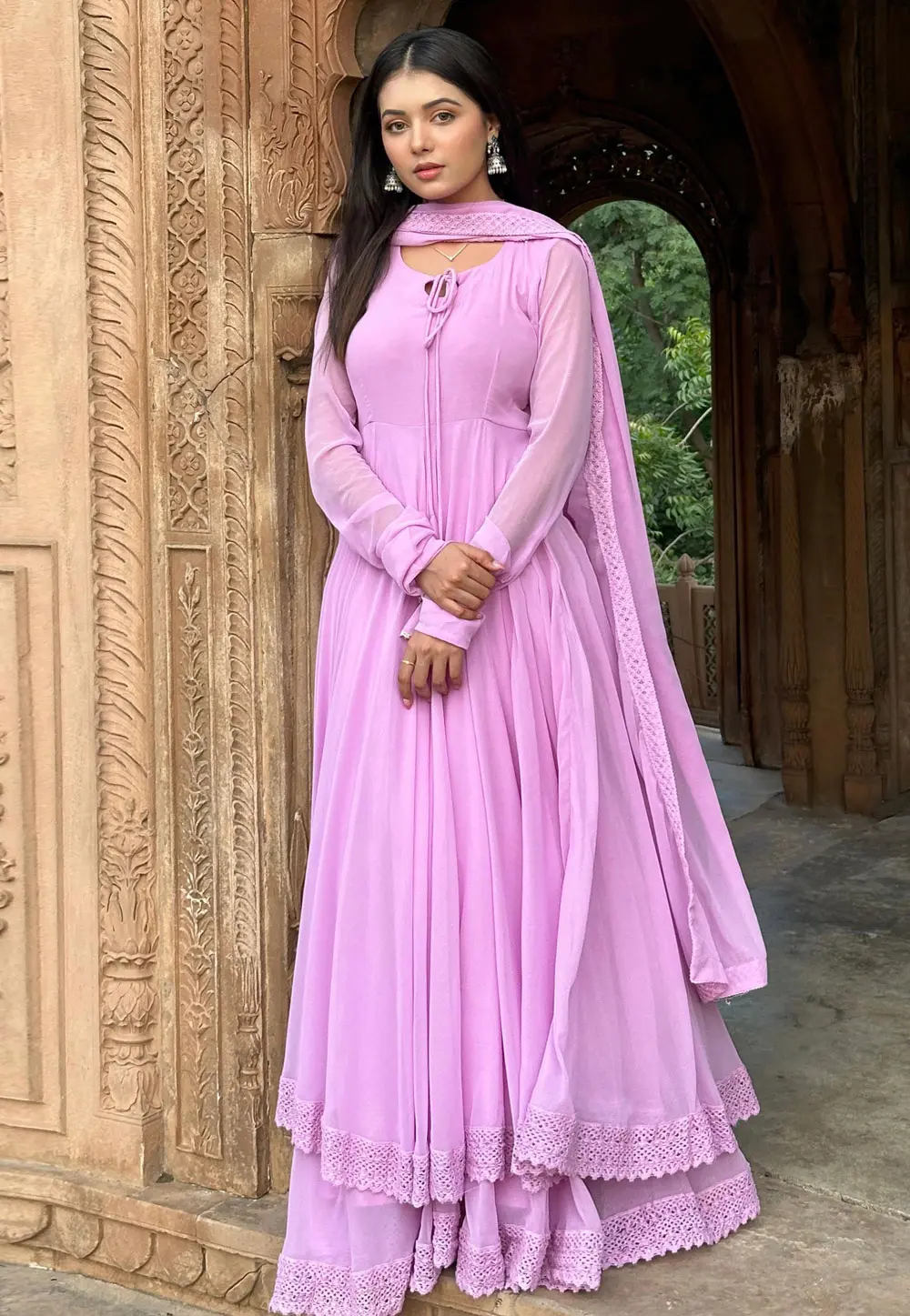 Lavender Faux Georgette Readymade Anarkali Suit 303561