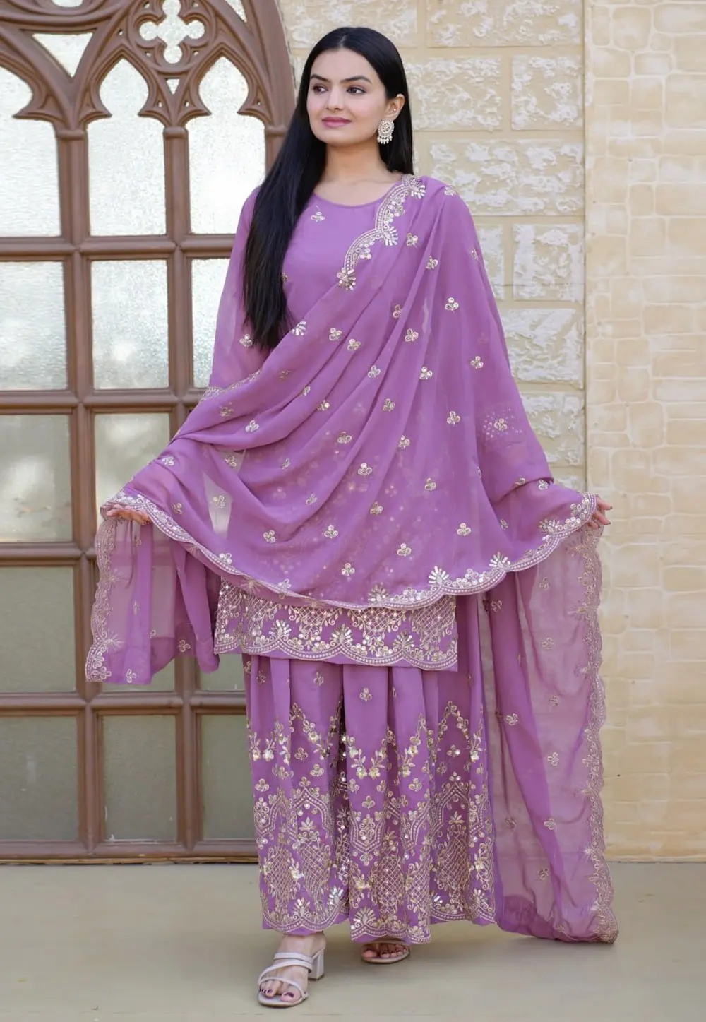 Lavender Faux Georgette Readymade Pakistani Suit 301679