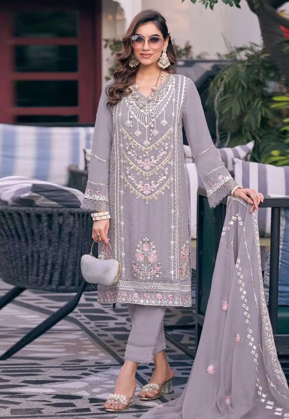 Lavender Faux Georgette Straight Suit 292024