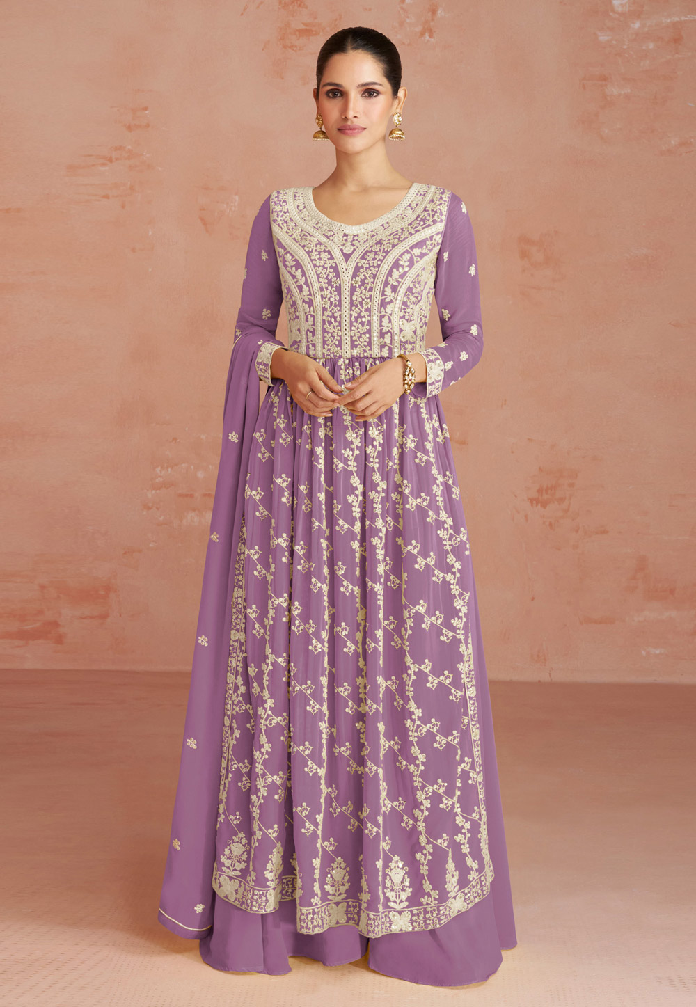 Lavender Georgette Embroidered Pakistani Suit 278355