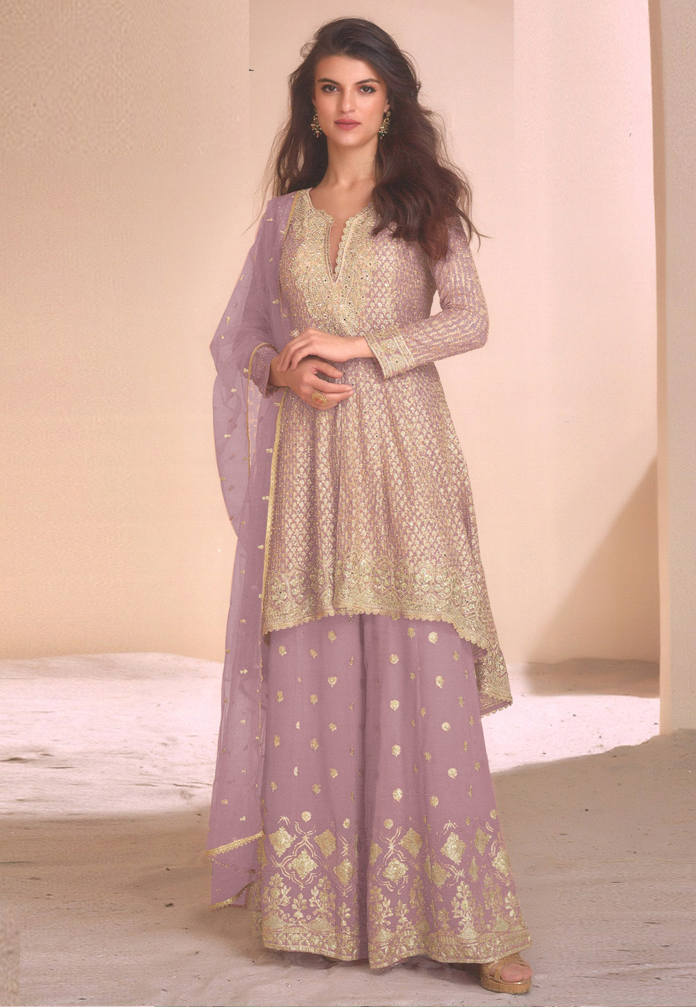 Lavender Georgette Embroidered Palazzo Suit 310743