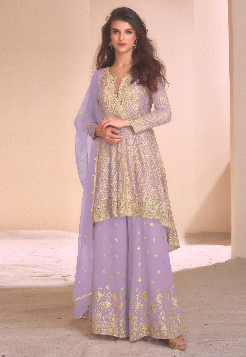 Lavender Georgette Embroidered Palazzo Suit 310745
