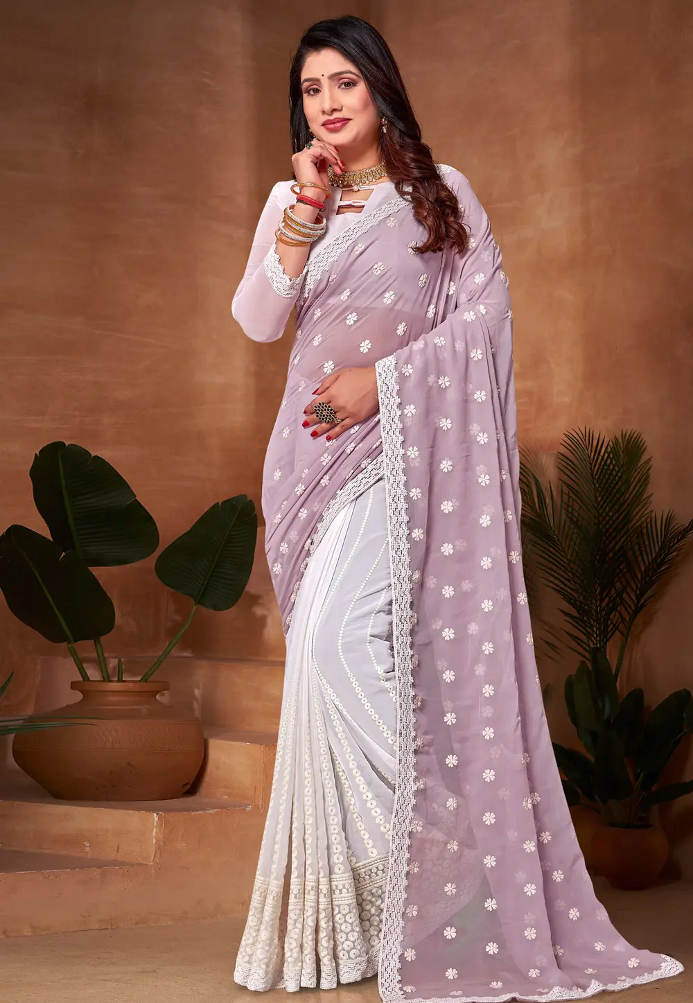 Lavender Georgette Half N Half Saree 296748