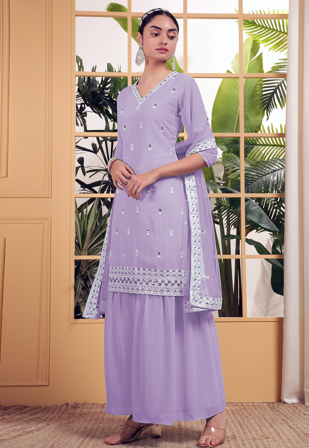 Lavender Georgette Readymade Gharara Suit 305706