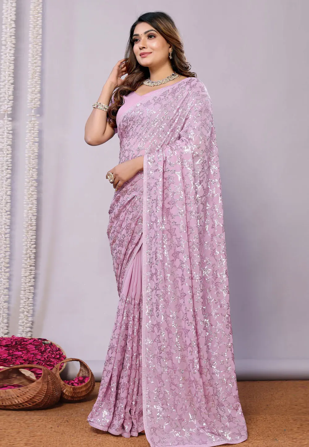 Lavender Georgette Saree With Blouse 300585