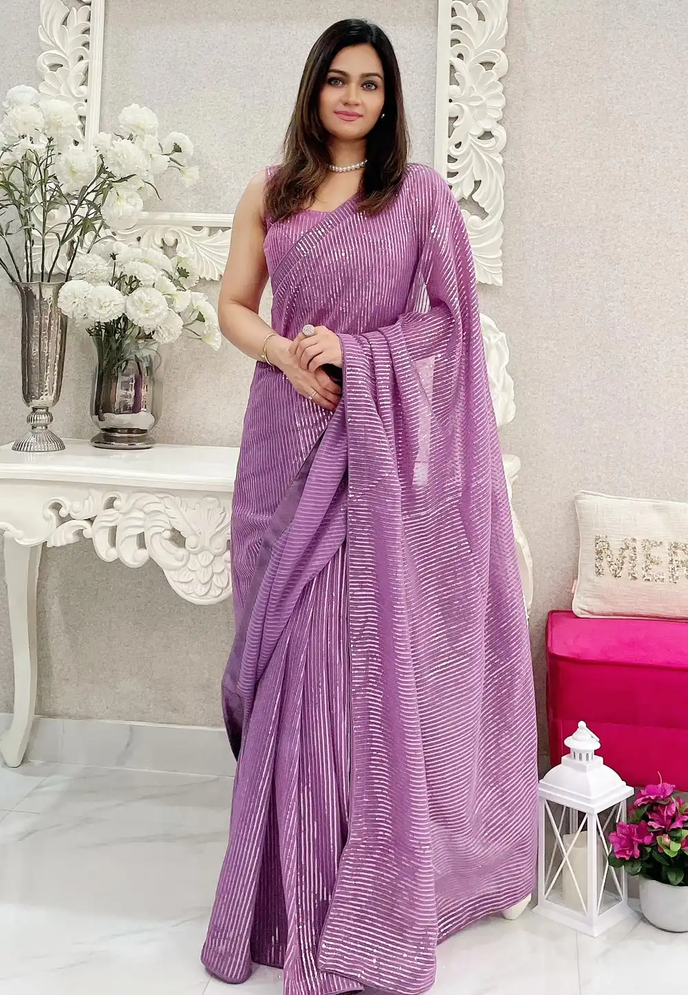 Lavender Georgette Saree With Blouse 294148