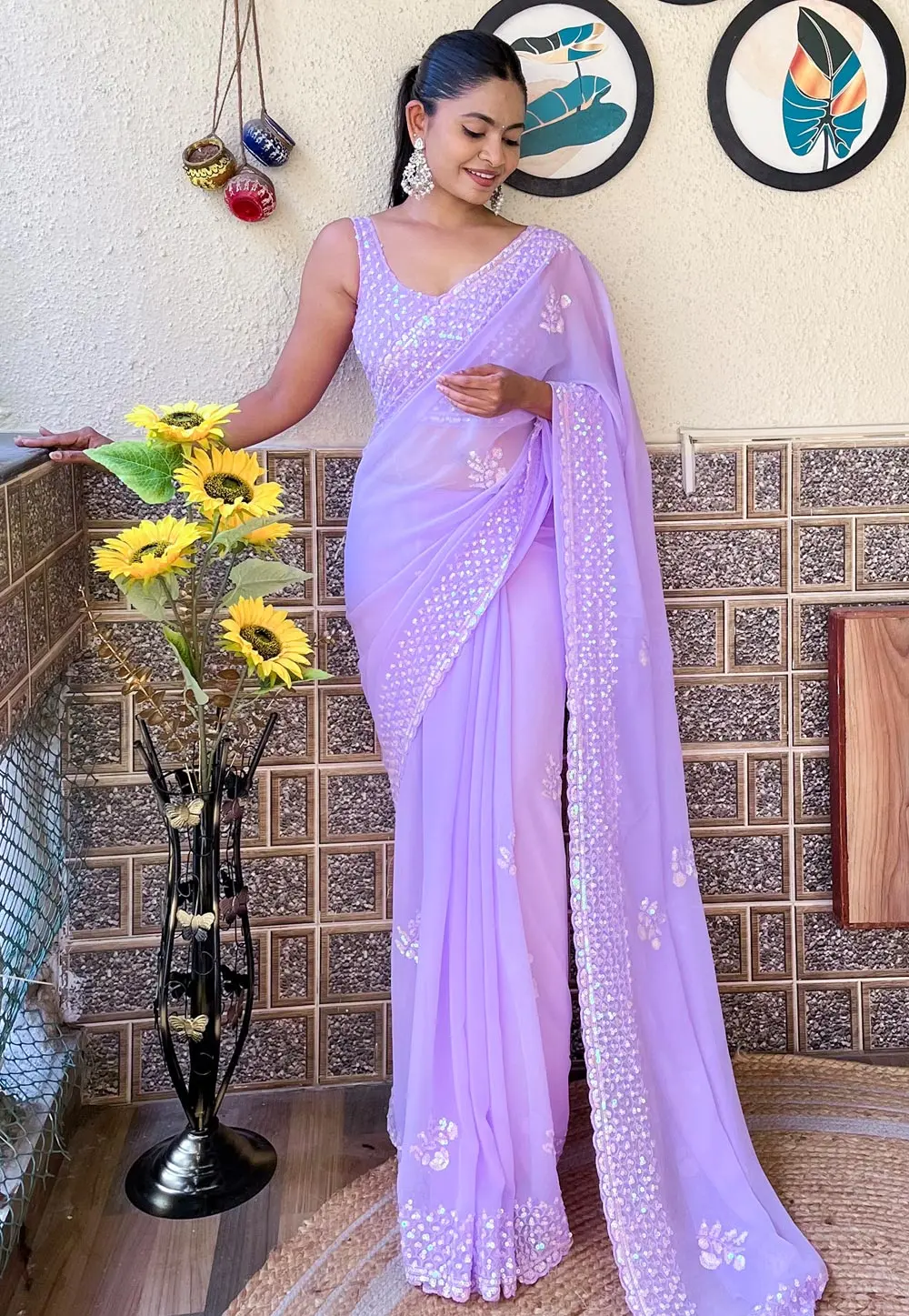 Lavender Georgette Saree With Blouse 303443