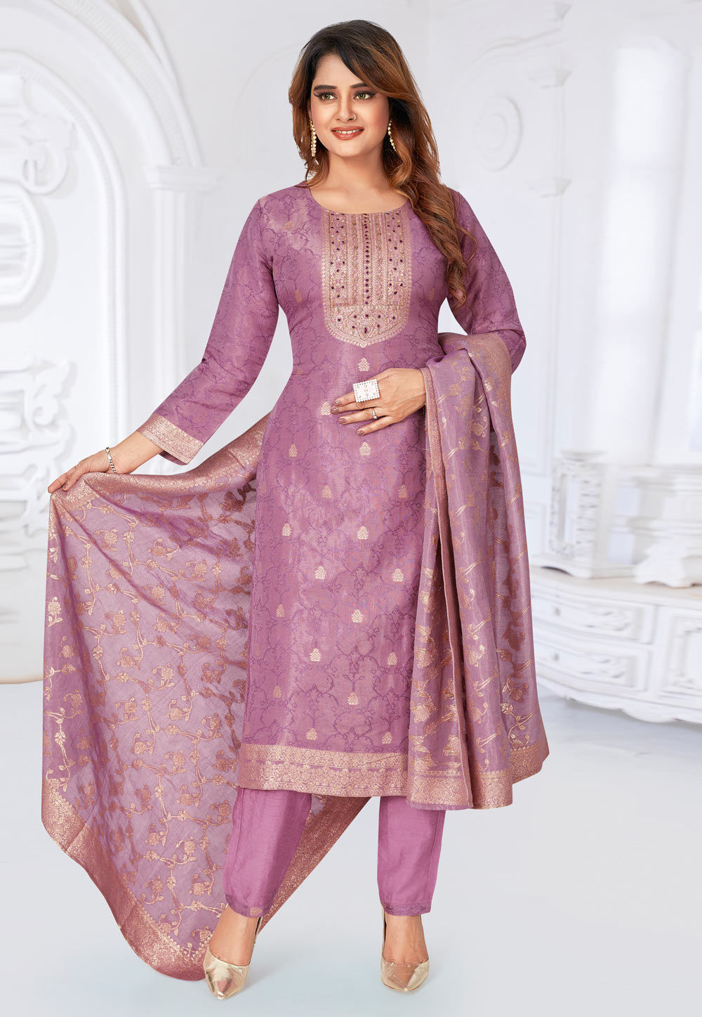 Lavender Jacquard Readymade Pant Style Suit 305055