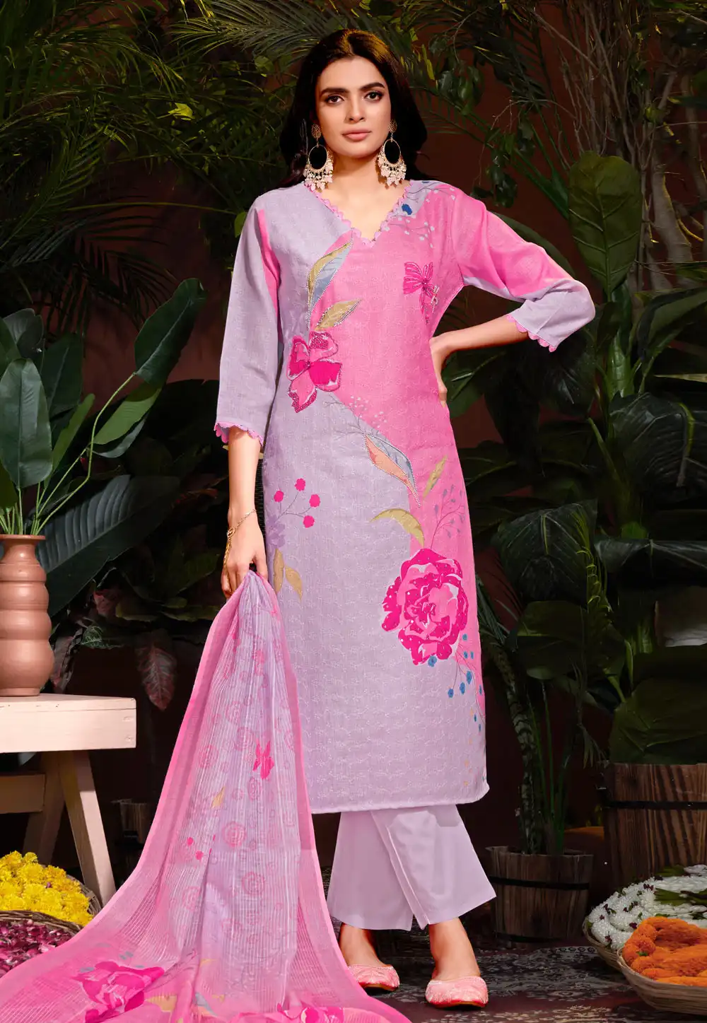 Lavender Linen Readymade Pant Style Suit 288537