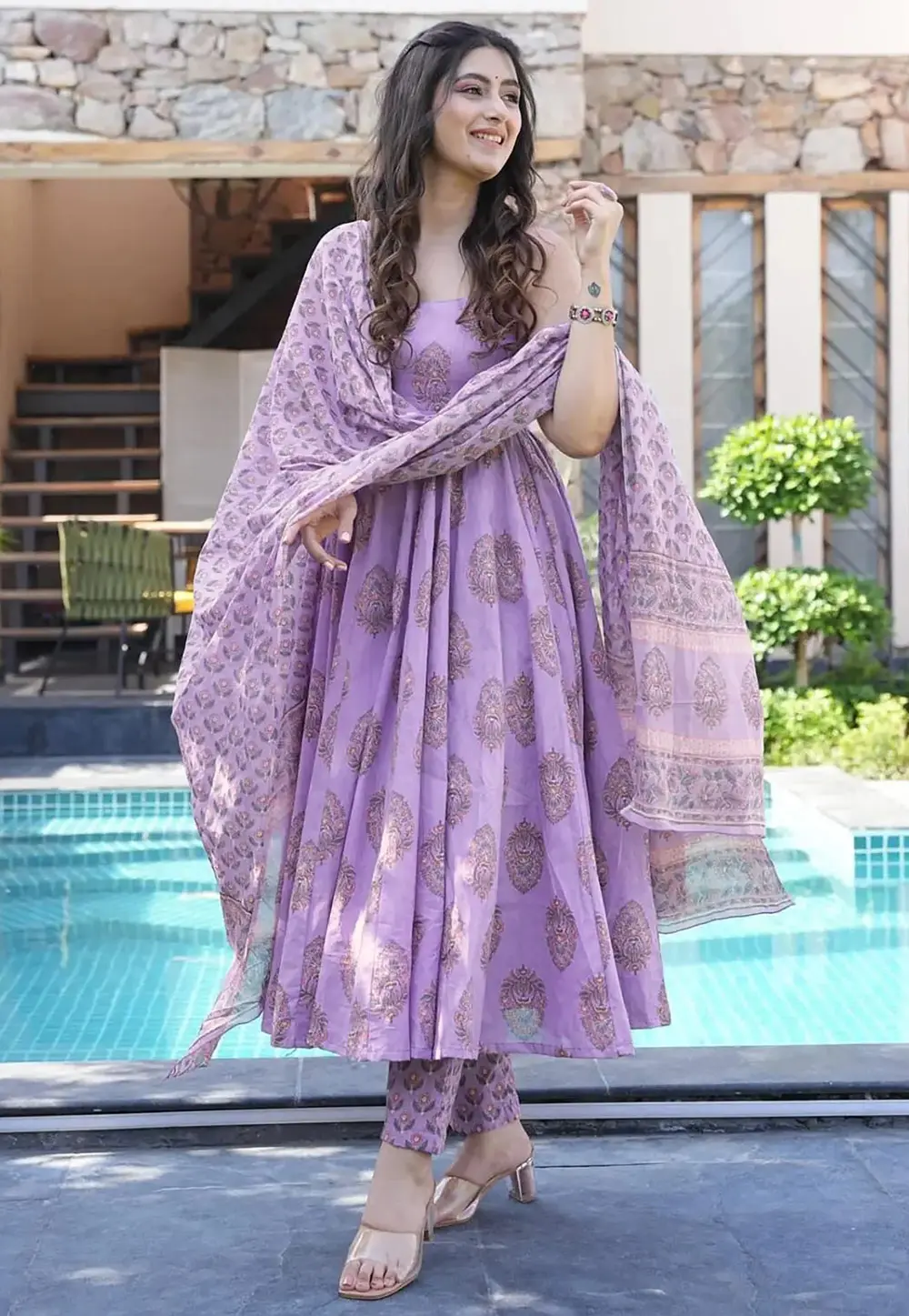 Lavender Muslin Readymade Anarkali Suit 303499