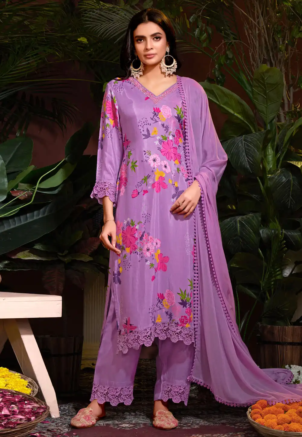 Lavender Muslin Readymade Pant Style Suit 288136