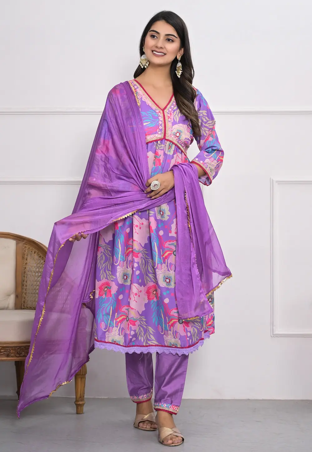 Lavender Muslin Readymade Pant Style Suit 298381