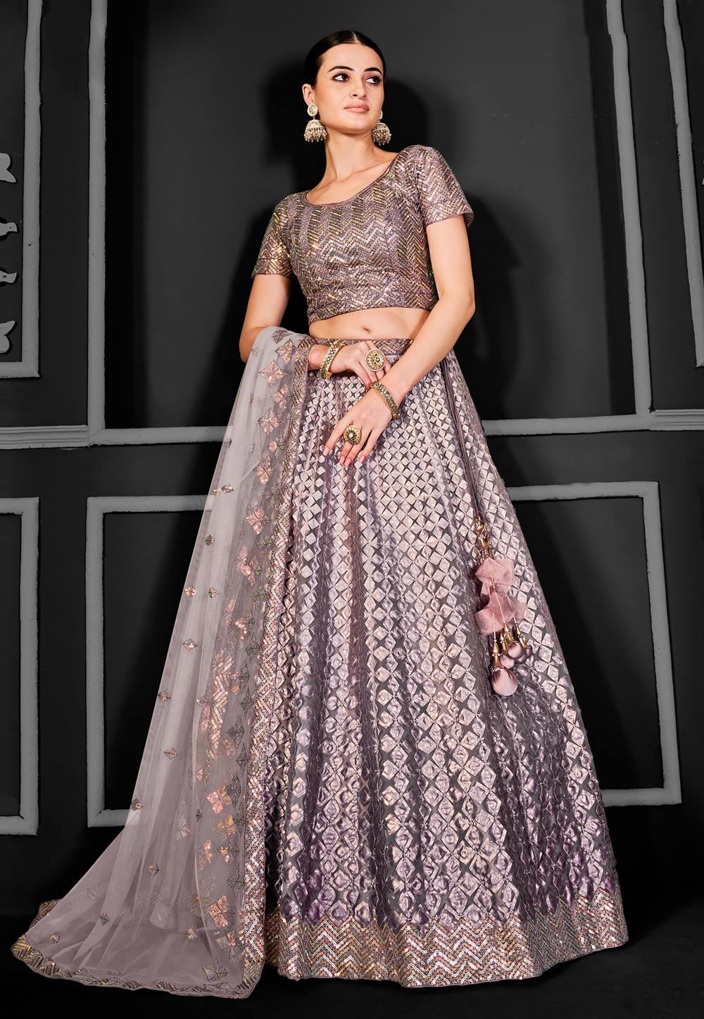 Lavender Net A Line Lehenga Choli 310235