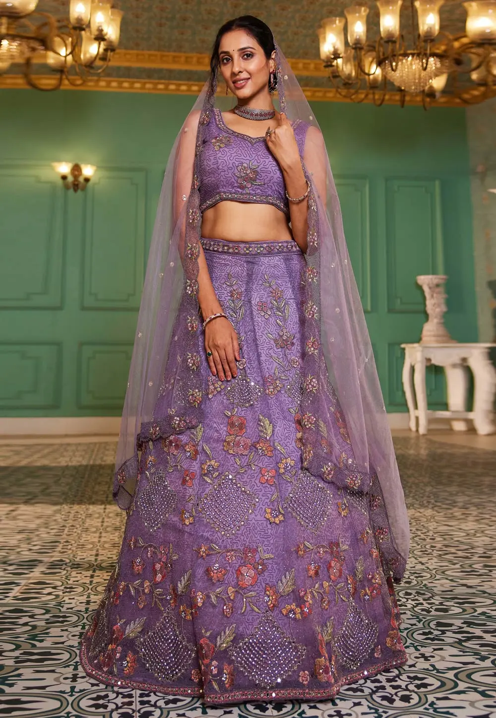 Lavender Net A Line Lehenga Choli 304196