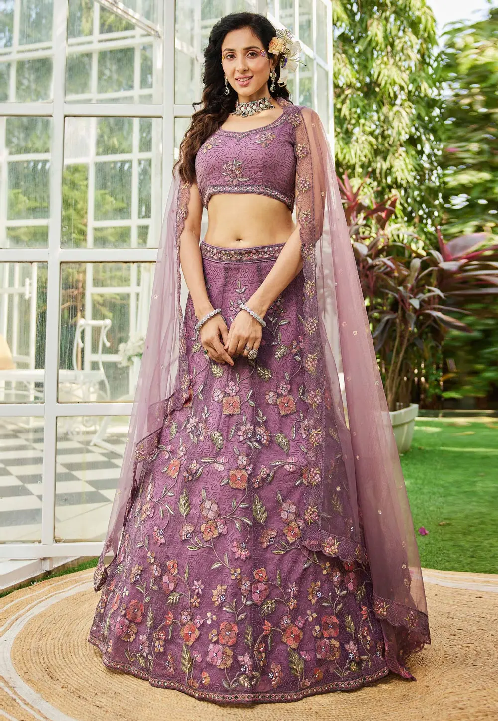 Lavender Net A Line Lehenga Choli 304202