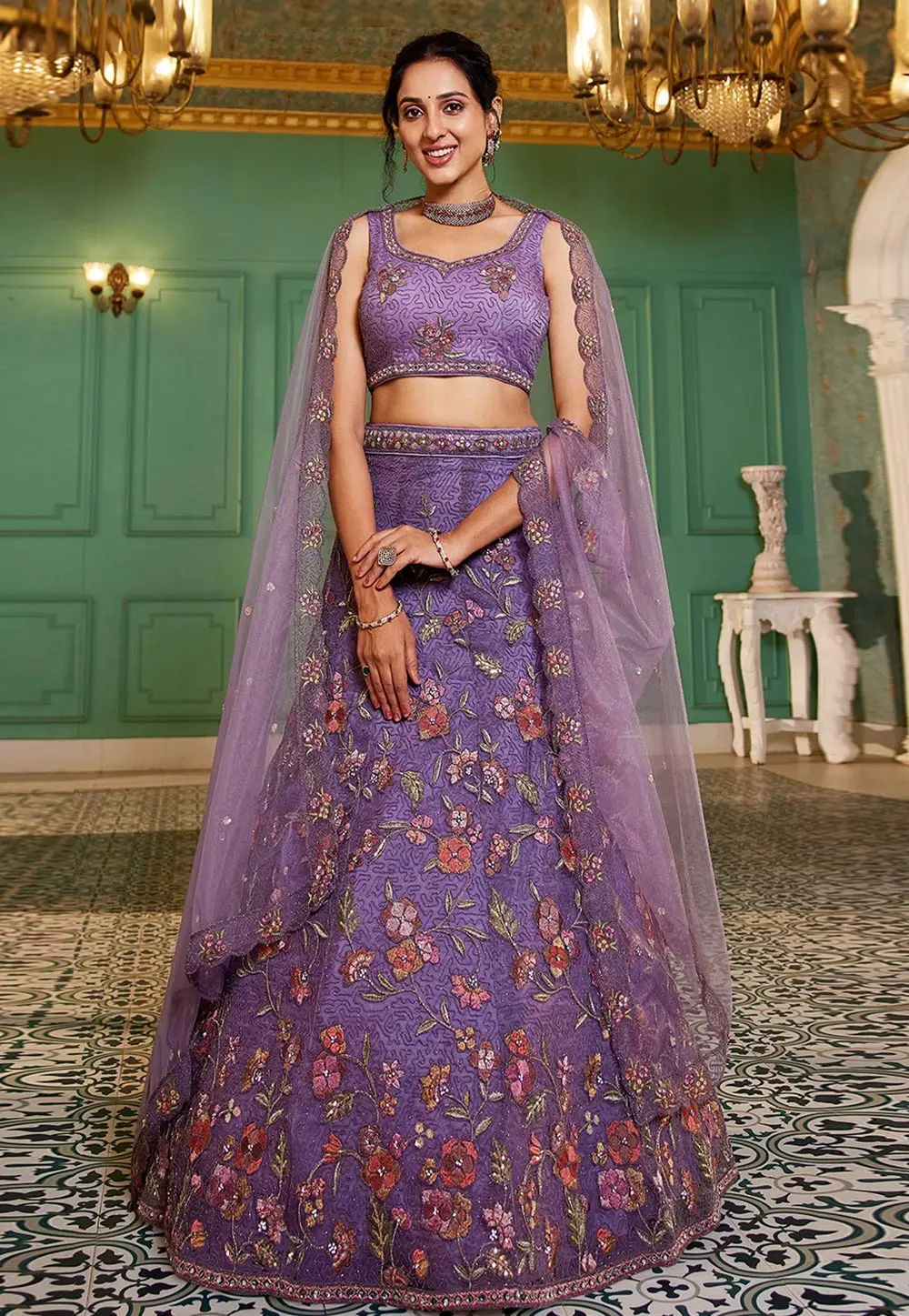 Lavender Net A Line Lehenga Choli 304206