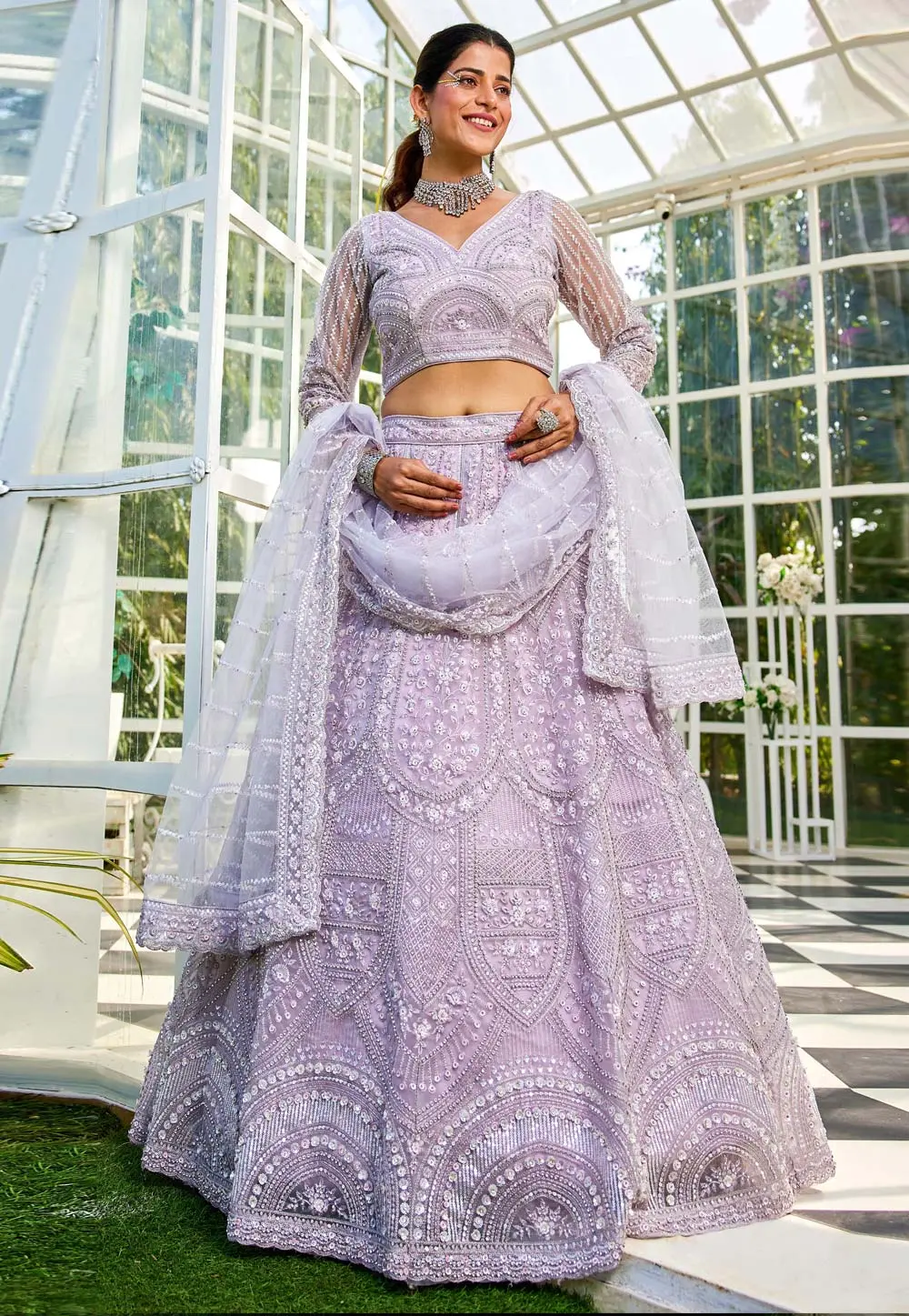 Lavender Net A Line Lehenga Choli 304224