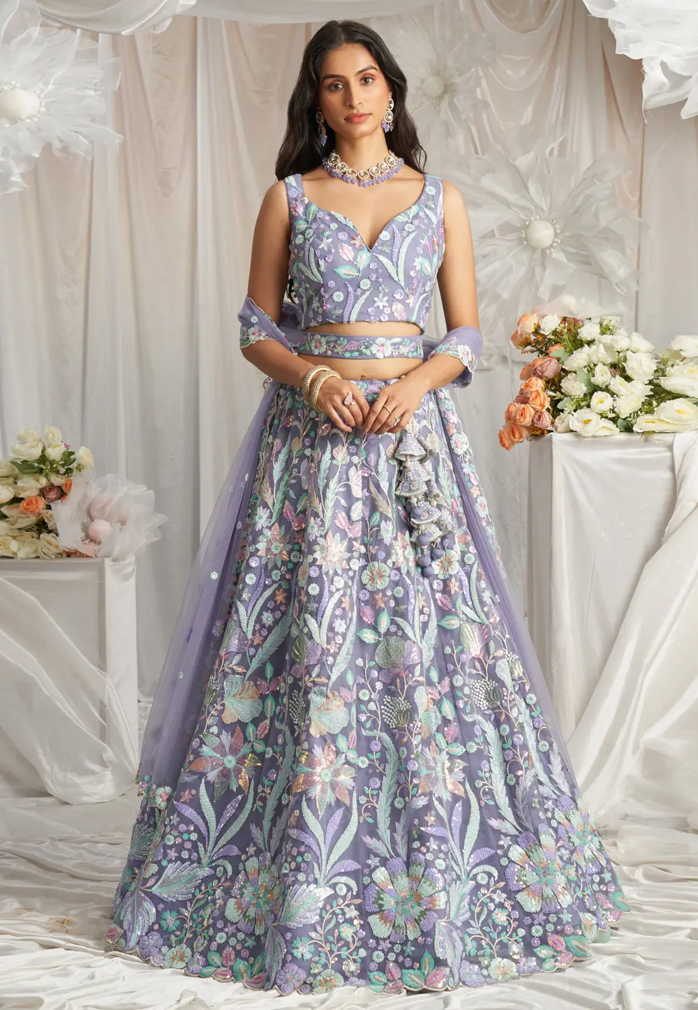 Lavender Net A Line Lehenga Choli 295386