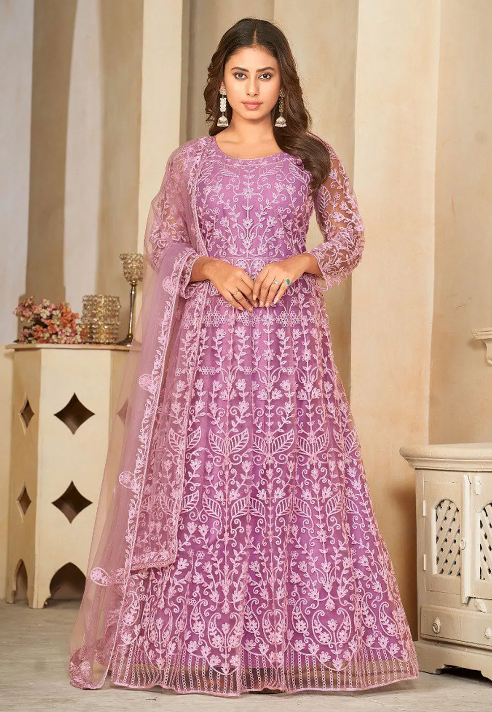 Lavender Net Embroidered Anarkali Suit 300899