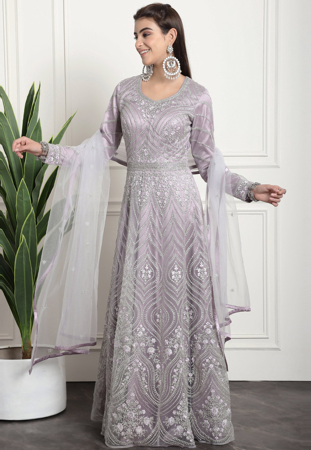 Lavender Net Embroidered Anarkali Suit 310728
