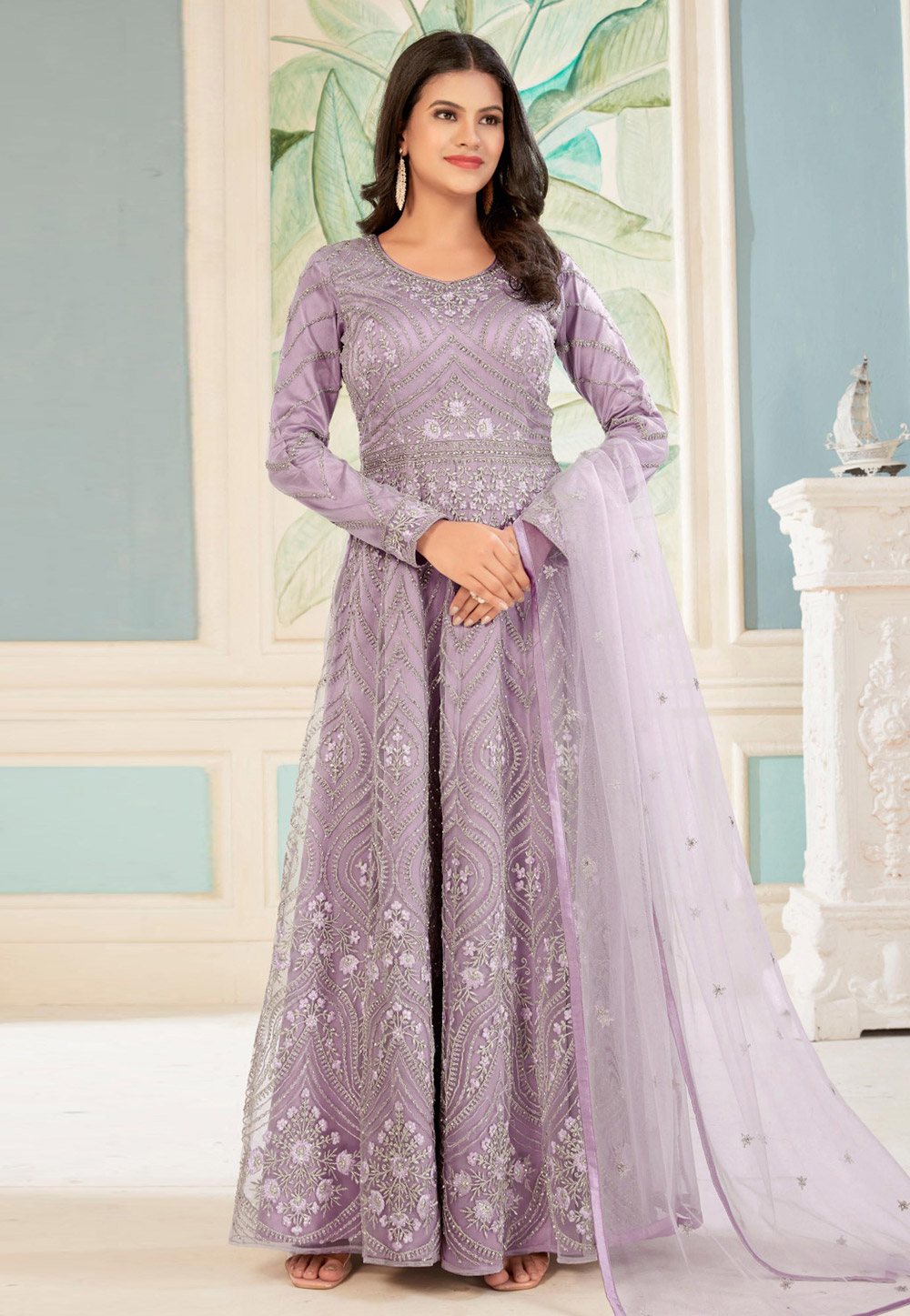 Lavender Net Embroidered Long Anarkali Suit 280019