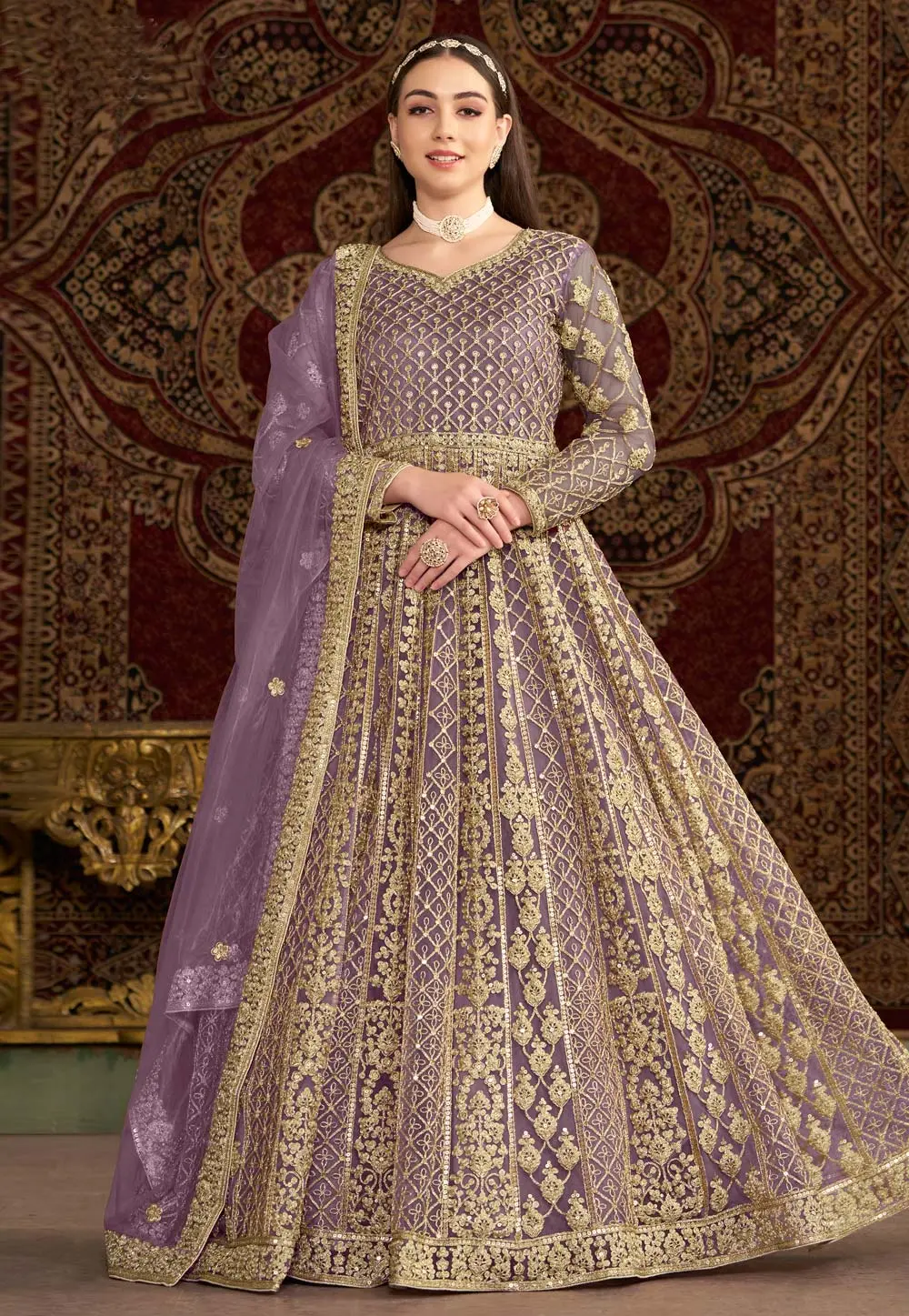 Lavender Net Embroidered Long Anarkali Suit 297964