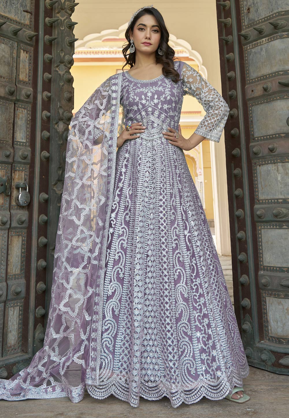Lavender Net Embroidered Long Anarkali Suit 310497