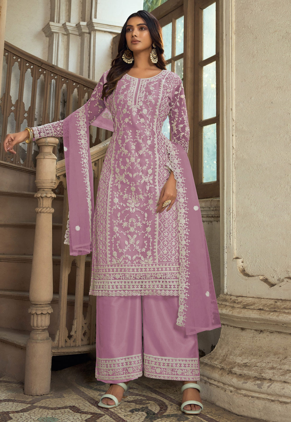 Lavender Net Embroidered Pakistani Palazzo Suit 278503