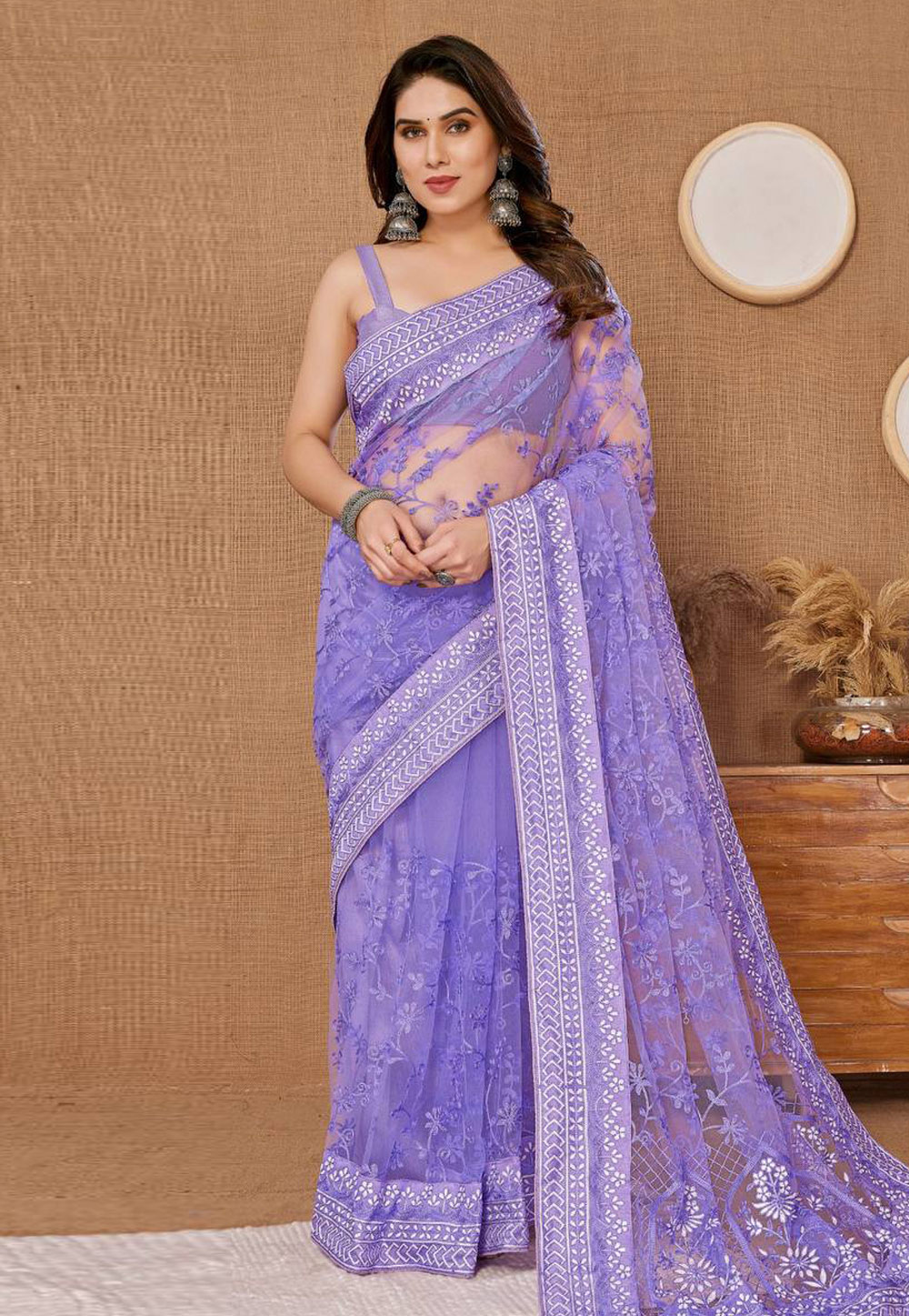 Lavender Net Saree With Blouse 285207