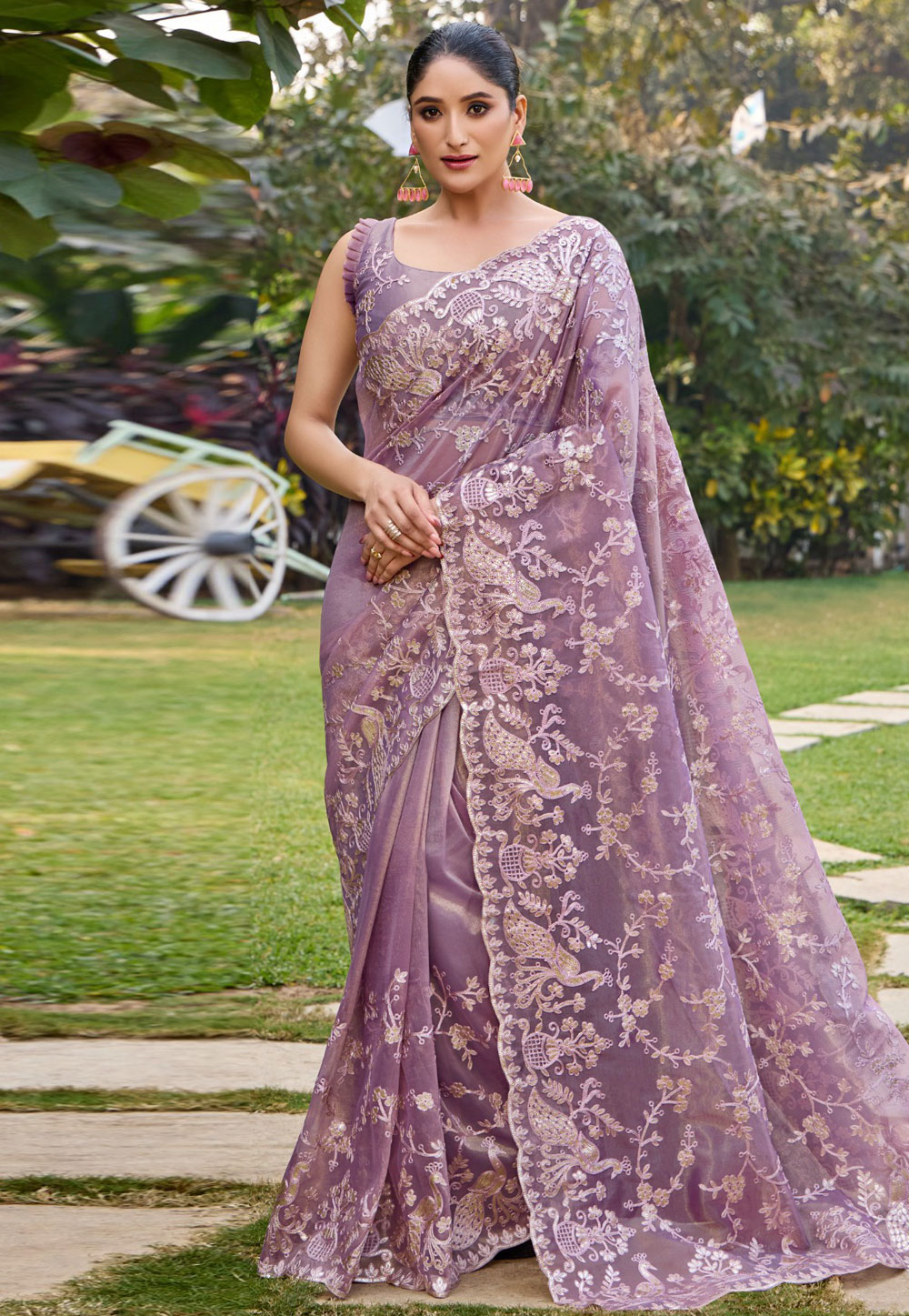 Lavender Net Saree With Blouse 305547