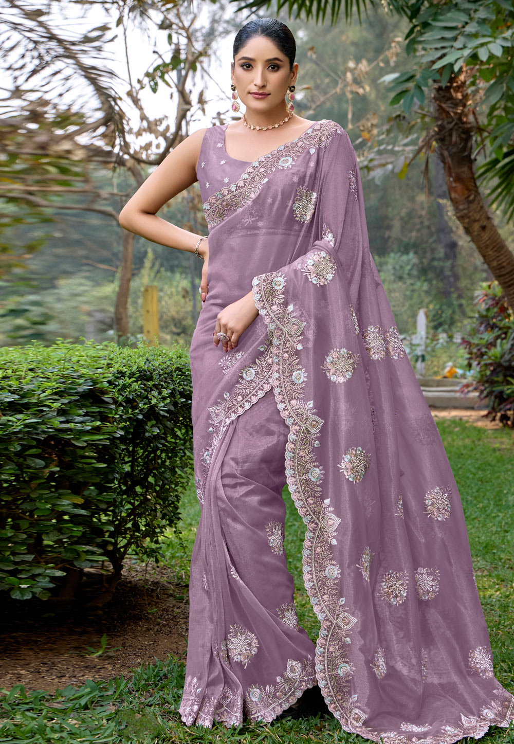 Lavender Net Saree With Blouse 305654