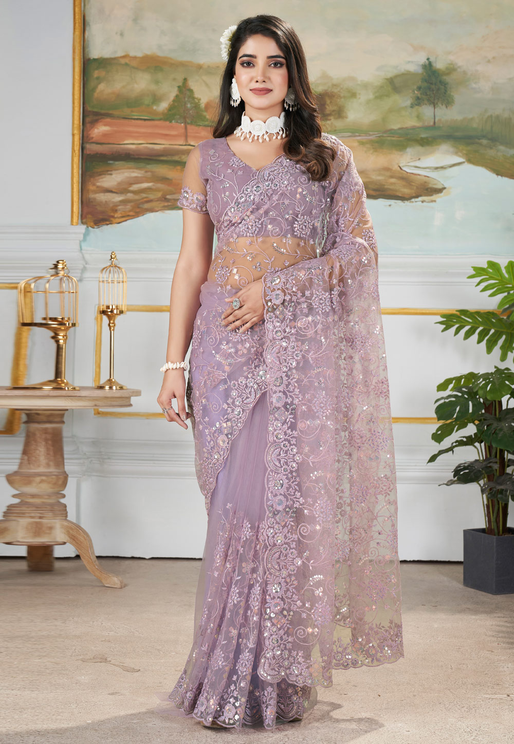 Lavender Net Saree With Blouse 309403