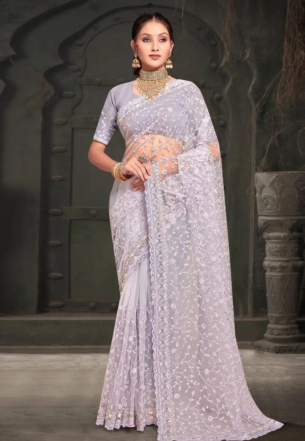 Lavender Net Saree With Blouse 293740